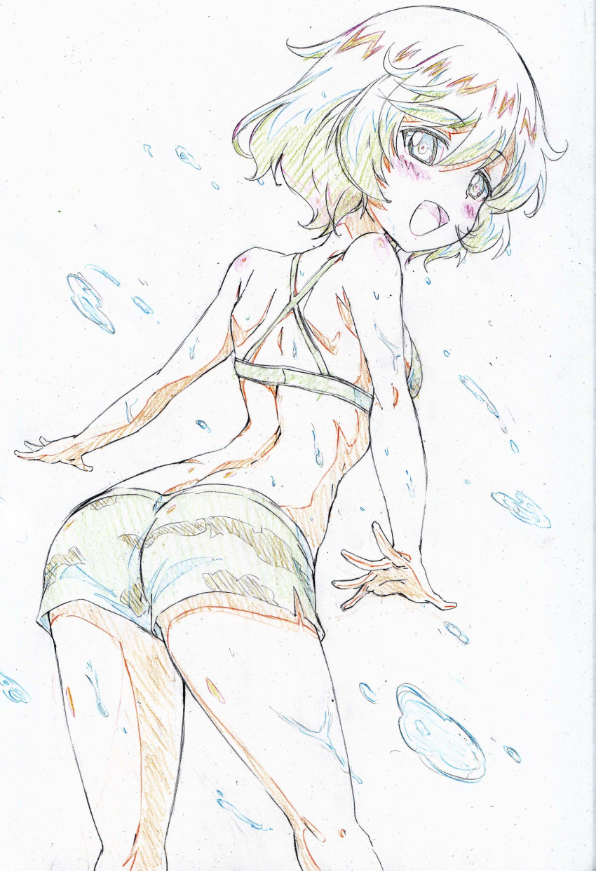 1girl :d absurdres akiyama_yukari arched_back ass back bikini bikini_shorts brown_hair camouflage camouflage_bikini colored_pencil_(medium) commentary eyebrows_visible_through_hair from_behind girls_und_panzer green_bikini highres kitazinger leaning_forward looking_at_viewer looking_back messy_hair open_mouth partially_colored short_hair shorts smile solo standing swimsuit traditional_media upper_body wet