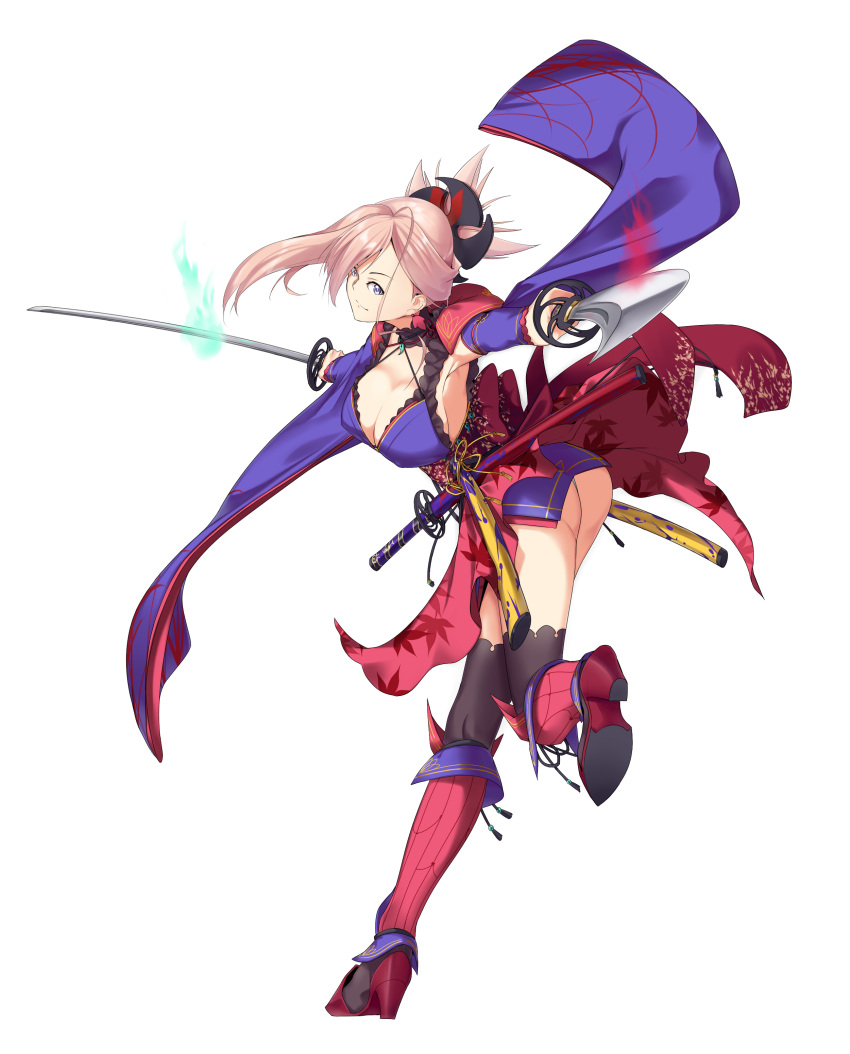 1girl absurdres ass asymmetrical_hair autumn_leaves black_legwear blue_eyes blue_kimono breasts cleavage detached_sleeves dual_wielding earrings fate/grand_order fate_(series) full_body hair_ornament highres holding holding_sword holding_weapon japanese_clothes jewelry katana kimono large_breasts leaf_print magatama maple_leaf_print miyamoto_musashi_(fate/grand_order) navel_cutout obi pink_hair ponytail sandals saruno_(eyesonly712) sash sheath sheathed short_kimono simple_background sleeveless sleeveless_kimono solo sword thigh-highs unsheathed weapon white_background wide_sleeves