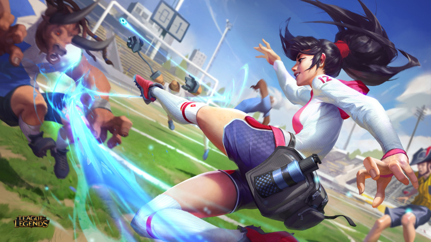 1girl 3boys alistar alternate_form animal ball beard black_hair blitzcrank blue_shirt blue_shorts breasts building clouds cow facial_hair grass hat highres judge league_of_legends long_hair medium_breasts multiple_boys official_art open_mouth outdoors playing_games playing_sports red_footwear robot shirt short_hair shorts sky soccer soccer_ball soccer_uniform sport sportswear twisted_fate white_hair white_shirt world_cup