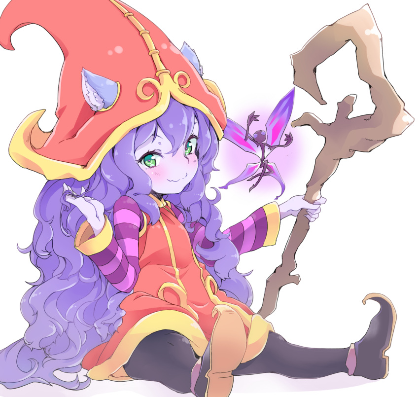 1girl absurdly_long_hair animal_ears black_hair black_legwear blush closed_mouth commentary_request curly_hair dress fairy full_body hand_in_hair hat kogen league_of_legends long_hair long_sleeves looking_at_viewer lulu_(league_of_legends) pantyhose shoes simple_background sitting smile staff striped_sleeves very_long_hair wavy_mouth white_background witch_hat yordle