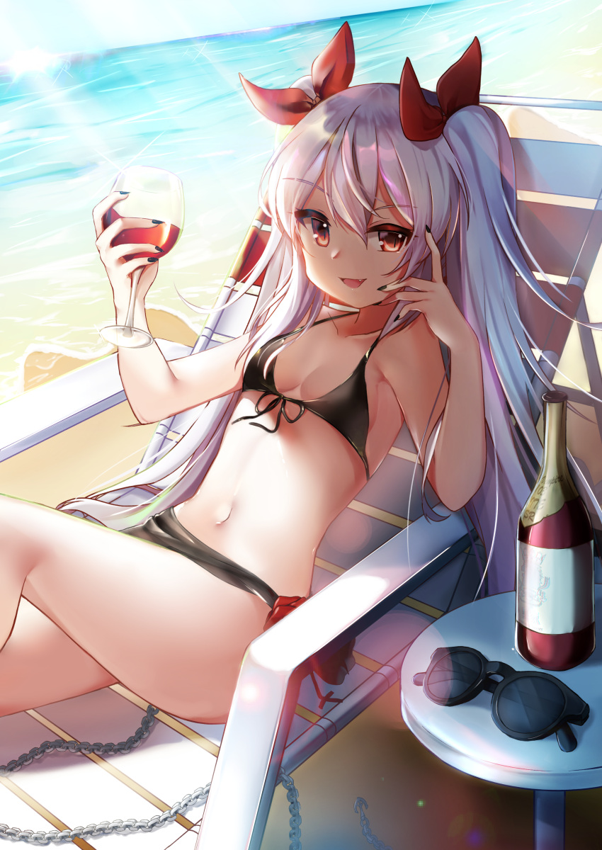 1girl absurdres alternate_costume azur_lane bangs bare_shoulders beach bikini black_bikini black_nails blue_sky blush bottle breasts chains clouds collarbone cup day drinking_glass eyebrows_visible_through_hair eyewear_removed fang front-tie_top hair_between_eyes hair_ornament hair_ribbon hand_to_own_face highres holding holding_drinking_glass knee_up long_hair longue_chair looking_at_viewer nail_polish navel ocean open_mouth outdoors red_eyes red_ribbon ribbon sand shade sidelocks silver_hair sky small_breasts smile solo sparkle stomach sunglasses sunlight swimsuit table tail thighs twintails vampire_(azur_lane) very_long_hair wine_glass yukkurin