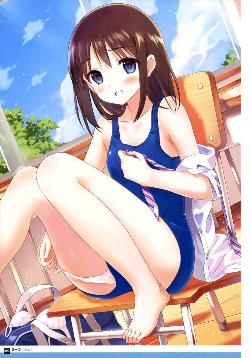 1girl :d absurdres artist_name bag bare_legs barefoot blue_bag blue_eyes blue_sky blue_stripes blue_swimsuit blush body_blush bow bow_bra bra bra_removed brown_hair changing_clothes classroom clouds cloudy_sky collarbone collared_shirt dengeki_moeou desk diagonal-striped_neckwear eyebrows_visible_through_hair eyes_visible_through_hair foot_dangle framed_image highres hiide indoors knees_together_feet_apart knees_up looking_at_viewer necktie off_shoulder official_art open_clothes open_mouth open_shirt original page_number panties panties_under_swimsuit panty_pull pink_bow pink_neckwear scan school_bag school_desk school_swimsuit school_uniform shirt sitting sky smile solo swimsuit tree underwear white_panties white_shirt white_stripes window