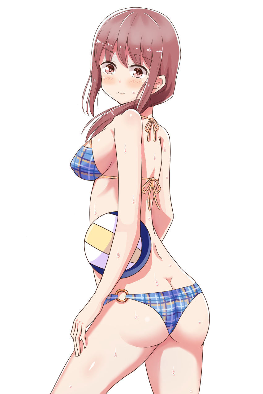 1girl absurdres ass beach_volleyball bikini blue_swimsuit blush breasts brown_eyes brown_hair butt_crack cleavage erect_nipples eyebrows_visible_through_hair feet_out_of_frame from_behind harukana_receive highres kiseeng long_hair looking_at_viewer low-tied_long_hair medium_breasts o-ring o-ring_bikini o-ring_bottom oozora_haruka_(harukana_receive) sideboob simple_background smile solo swimsuit volleyball wet white_background