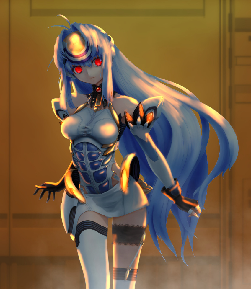 1girl android blue_hair breasts commentary_request cyborg erufa_(pixiv) forehead_protector highres kos-mos long_hair red_eyes solo xenosaga
