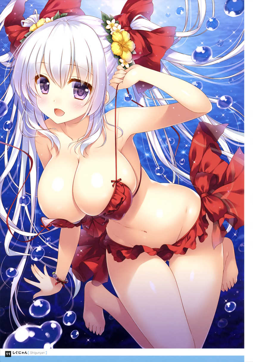 1girl :d absurdres arm_up armpits artist_name bare_legs bare_shoulders barefoot bikini blush bow bracelet breasts collarbone day dengeki_moeou erect_nipples eyebrows_visible_through_hair eyes_visible_through_hair fingernails flower framed_image frilled_bikini frills gluteal_fold groin hair_between_eyes hair_bow hair_flower hair_ornament highres holding jewelry knees_together_feet_apart large_breasts long_hair looking_at_viewer navel official_art open_mouth original outdoors page_number pearl_bracelet red_bikini red_bow red_frills red_ribbon ribbon scan shigunyan side-tie_bikini skindentation smile solo sparkle sunlight swimsuit thigh_gap toenails tongue twintails underwater undressing untied_bikini_top violet_eyes water_drop white_hair wrist_ribbon yellow_flower