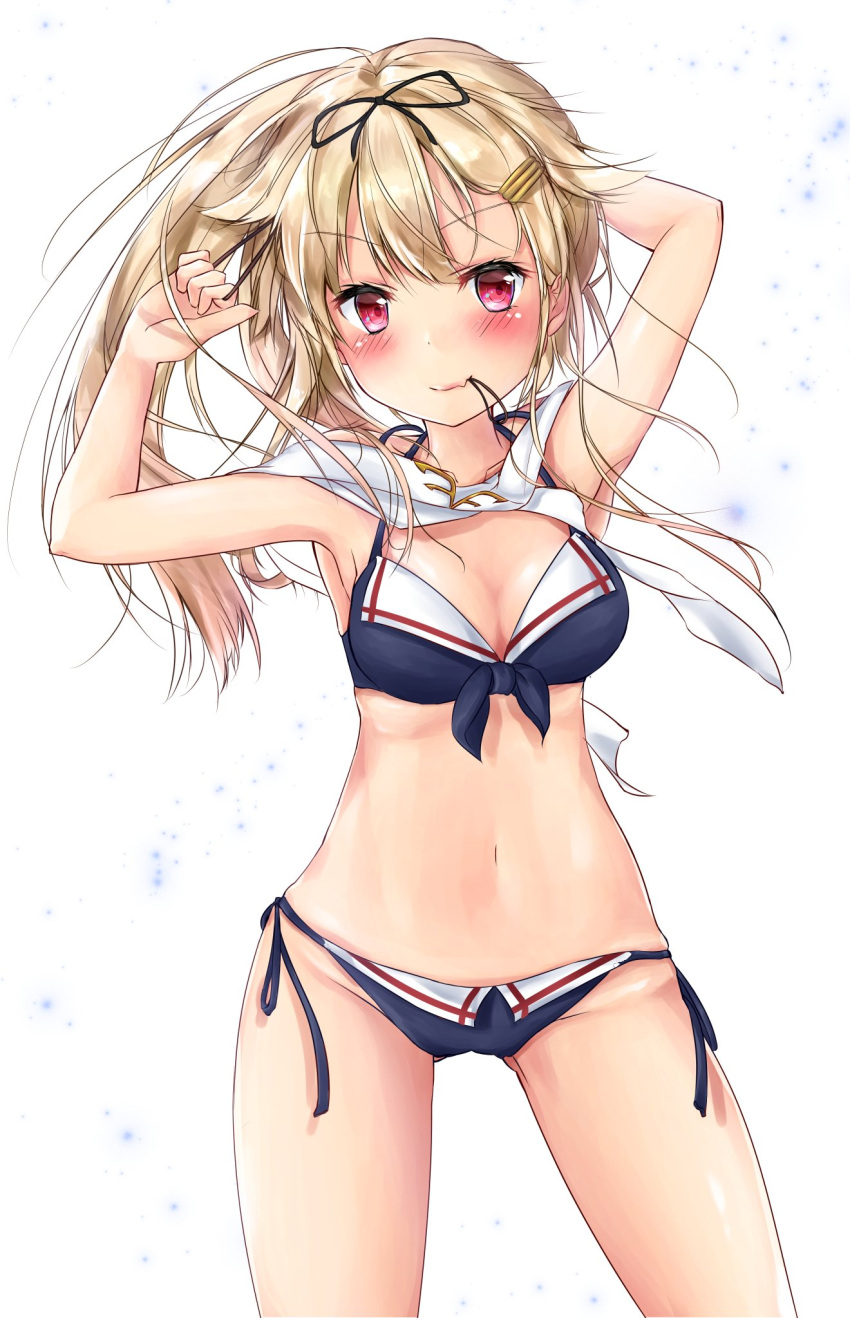 1girl adapted_costume bikini blonde_hair blush hair_ornament hair_ribbon hairclip highres ichinose_kizuki kantai_collection navel red_eyes remodel_(kantai_collection) ribbon scarf solo swimsuit yuudachi_(kantai_collection)