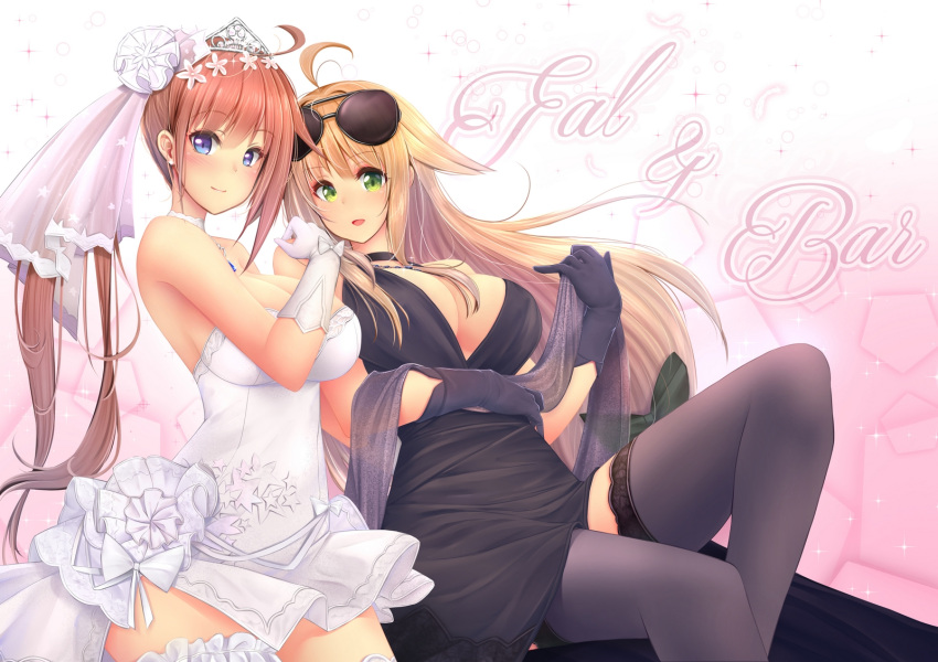 2girls ahoge alternate_costume anakin_sky_(utcc) bangs bare_shoulders black_dress black_legwear blonde_hair blue_eyes blush bow breasts character_name choker cleavage dress eyebrows_visible_through_hair eyes_visible_through_hair eyewear_on_head fal_(girls_frontline) feathers flower girls_frontline glove_bow gloves green_eyes hair_flower hair_ornament hand_up head_tilt headdress heart highres jewelry lace lace-trimmed_legwear lace-trimmed_thighhighs lace_trim large_breasts leg_garter leg_up long_hair looking_at_viewer m1918_bar_(girls_frontline) multiple_girls necklace no_bra open_mouth sapphire_(stone) shawl side_ponytail sidelocks single_thighhigh sitting sparkle star sunglasses thigh-highs thighs tiara very_long_hair wedding_dress white_bow white_dress white_gloves white_legwear yuri