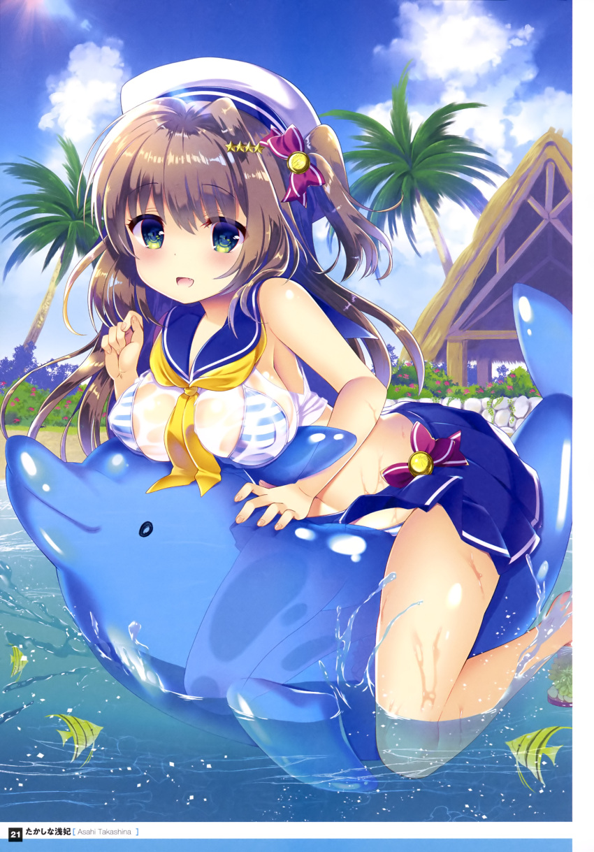 1girl :d absurdres artist_name bare_shoulders beach bikini black_eyes blue_sailor_collar blue_skirt blue_sky blue_stripes blush bow bow_skirt breasts clouds cloudy_sky crop_top dengeki_moeou erect_nipples eyebrows_visible_through_hair eyes_visible_through_hair fang fish fish_request flower flower_request framed_image grass green_eyes hair_bow hair_ornament hand_up handkerchief hat highres inflatable_dolphin inflatable_toy large_breasts light_brown_hair long_hair looking_at_viewer miniskirt nail_polish navel official_art one_side_up open_mouth original page_number pink_footwear pink_nails pleated_skirt print_bow purple_bow red_flower sailor_collar sand sandals scan see-through shiny shiny_skin shirt single_stripe skirt sky sleeveless sleeveless_shirt smile solo splashing star star_hair_ornament striped striped_bikini sunlight swimsuit takashina_asahi tongue water wet wet_clothes wet_shirt white_hat white_shirt white_stripes yellow_neckwear