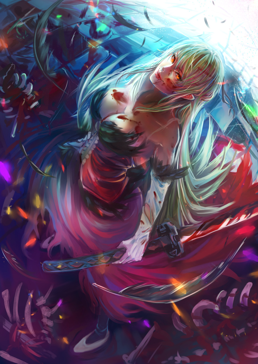 1girl alnicoism bare_shoulders blonde_hair blood blood_on_breasts blood_on_face bloody_hands breasts cleavage dress elbow_gloves feathers from_above fur_trim gloves glowing glowing_eyes highres holding holding_sword holding_weapon kiss-shot_acerola-orion_heart-under-blade large_breasts long_hair monogatari_(series) older pointy_ears red_dress reverse_grip strapless strapless_dress sword tile_floor tiles vampire very_long_hair weapon yellow_eyes