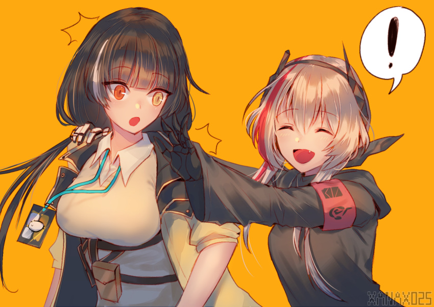! 2girls armband artist_name bangs black_gloves black_hair blush closed_eyes eyebrows_visible_through_hair fang girls_frontline gloves hair_between_eyes hand_on_another's_shoulder happy headgear heterochromia hood hood_down hooded_jacket jacket lanyard long_hair looking_at_another looking_at_viewer m4_sopmod_ii_(girls_frontline) multicolored_hair multiple_girls name_tag open_mouth orange_eyes pink_hair pouch prosthesis prosthetic_arm red_eyes redhead ro635_(girls_frontline) shirt simple_background sleeves_rolled_up smile streaked_hair surprised twintails white_hair xanax025 yellow_background yellow_eyes
