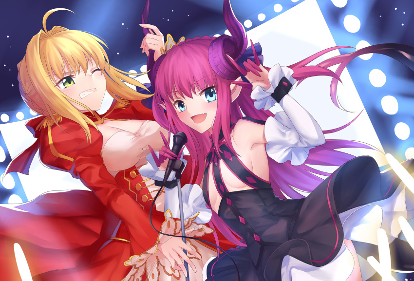 2girls :d ahoge arm_up armpits bangs black_dress blonde_hair blue_eyes blush braid breasts cleavage clenched_teeth commentary curled_horns detached_sleeves dragon_girl dragon_horns dragon_tail dress dutch_angle elizabeth_bathory_(fate) elizabeth_bathory_(fate)_(all) eyebrows_visible_through_hair fang fate/extra fate/extra_ccc fate_(series) gogatsu_fukuin green_eyes hair_between_eyes hair_bun hair_intakes highres holding holding_microphone horn_grab horns juliet_sleeves long_hair long_sleeves looking_at_viewer medium_breasts microphone microphone_stand multiple_girls nero_claudius_(fate) nero_claudius_(fate)_(all) one_eye_closed open_mouth pink_hair puffy_sleeves red_dress sidelocks sleeveless sleeveless_dress sleeves_past_wrists small_breasts smile tail teeth v-shaped_eyebrows very_long_hair wide_sleeves