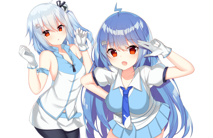 2girls absurdres azur_lane belt bili_girl_22 bili_girl_33 bilibili_douga blue_hair breasts commentary_request gloves hand_on_hip highres jyt long_hair looking_at_viewer multiple_girls necktie open_mouth pantyhose red_eyes shirt side_ponytail simple_background sleeveless sleeveless_shirt v white_background