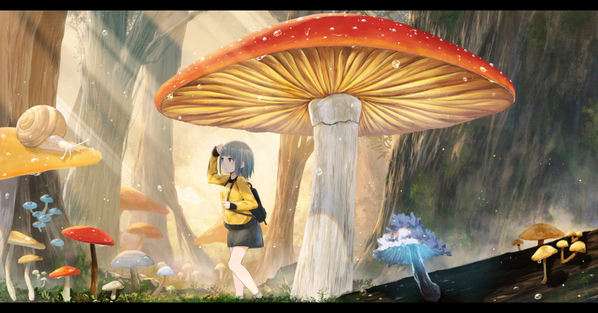 1girl absurdres akky_(akimi1127) animal backpack bag bangs black_skirt blue_eyes blush dew_drop expressionless eyebrows_visible_through_hair from_side grey_hair highres holding_strap jacket letterboxed light_rays long_sleeves looking_afar looking_away minigirl morning moss mushroom nature original outdoors pencil_skirt revision shading_eyes short_hair silver_hair skirt sleeves_past_wrists snail socks solo sunbeam sunlight sunrise tree walking water_drop yellow_jacket