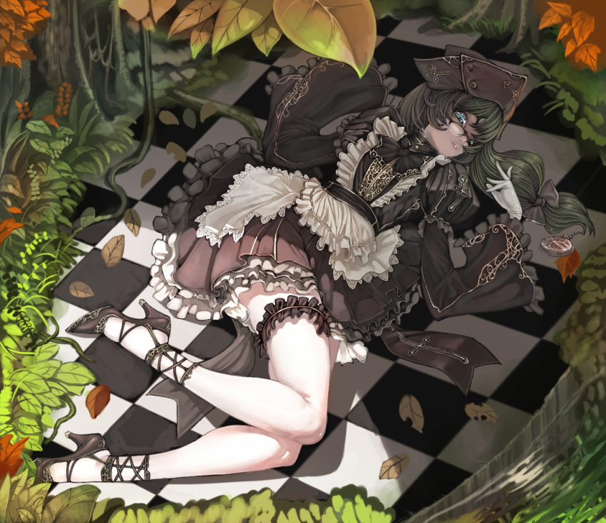 bow checkerboard checkered cross frills garters gathers glasses gloves green_hair hat high_heels jeffr lace leaf leaves legs long_hair maid original ruffles shoes thighhighs tricorne vines