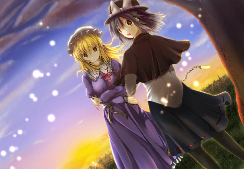 2girls :o black_hair blonde_hair breasts capelet chain clouds crossed_arms dress dutch_angle fireflies grass hat hat_ribbon impossible_clothes juliet_sleeves long_hair long_sleeves looking_at_viewer looking_back maribel_hearn mob_cap multiple_girls pantyhose puffy_sleeves ribbon short_hair skirt tori_(flatspice) touhou tree twilight usami_renko wind yellow_eyes