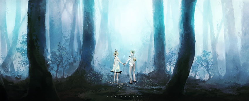 blonde_hair closed_eyes earphones flower forest hand_holding headphones highres holding_hands kagamine_len kagamine_rin kaninn light nature ponytail ribbon ribbons scenery short_hair siblings string suit tree trees twins vocaloid