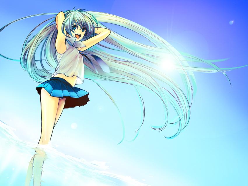 bad_id blue_eyes blue_hair hatsune_miku highres legs long_hair midriff necktie panties pantyshot skirt sky sun todoroki_sora underwear vocaloid water