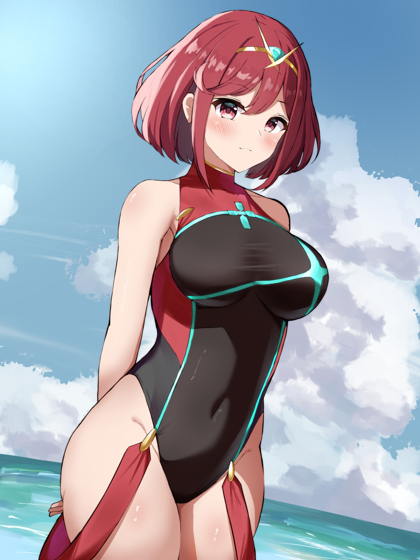 1girl absurdres arms_behind_back bangs black_swimsuit blue_sky breasts closed_mouth clouds commentary competition_swimsuit covered_navel cowboy_shot day eyebrows_visible_through_hair firin highres large_breasts looking_at_viewer one-piece_swimsuit outdoors pyra_(xenoblade) red_eyes redhead short_hair sky solo standing swimsuit taut_clothes taut_swimsuit tiara water xenoblade_chronicles xenoblade_chronicles_(series) xenoblade_chronicles_2