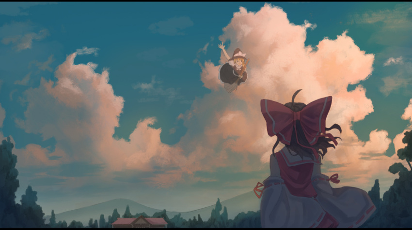 2girls :d ahoge anime_coloring architecture arm_up arms_at_sides black_skirt black_vest blonde_hair blue_sky bow braid broom broom_riding brown_hair clouds danzir detached_sleeves east_asian_architecture forest from_behind hair_between_eyes hair_blowing hair_bow hakurei_reimu hat hat_ribbon kirisame_marisa mountain multiple_girls nature open_mouth outdoors red_vest ribbon ribbon-trimmed_sleeves ribbon_trim scenery short_hair shrine single_braid skirt sky smile touhou twilight upper_body vest waving wind witch_hat |_|