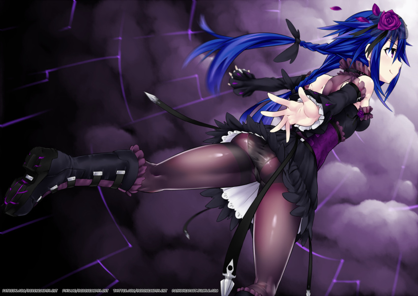 1girl ankokuboshi_kurome arms_behind_back ass bare_shoulders blue_hair boots braid breasts commentary detached_sleeves dress flower from_behind gothic_lolita hair_flower hair_ornament highres knee_boots lolita_fashion long_hair looking_afar medium_breasts neptune_(series) outstretched_arms panties panties_under_pantyhose pantyhose sereneandsilent shin_jigen_game_neptune_vii smile solo thighs twin_braids twintails underwear violet_eyes