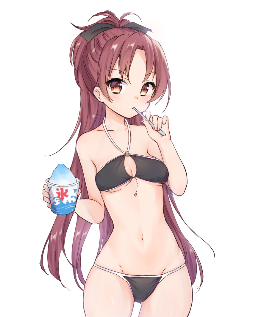 1girl antenna_hair bikini black_bikini black_ribbon breasts collarbone commentary_request eating eyebrows_visible_through_hair food hair_ribbon highres ice_cream long_hair looking_at_viewer mahou_shoujo_madoka_magica medium_breasts mochiko_(uyu_omochi) navel ponytail red_eyes redhead ribbon sakura_kyouko simple_background solo spoon standing swimsuit white_background