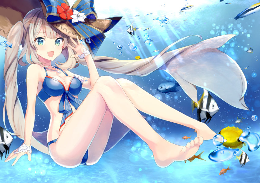 1girl :d air_bubble ameshizuku_natsuki arm_up bangs bare_legs bare_shoulders barefoot bikini blue_bikini blue_bow blush bow breasts brown_hat bubble cleavage commentary_request day eyebrows_visible_through_hair fate/grand_order fate_(series) fish fish_request flower front-tie_bikini front-tie_top green_eyes hat hat_bow long_hair looking_at_viewer marie_antoinette_(fate/grand_order) medium_breasts open_mouth outdoors red_flower silver_hair smile solo striped striped_bow swimsuit twintails underwater very_long_hair water white_flower