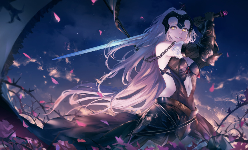 1girl absurdres armor armored_dress arms_up attack bangs banner bare_shoulders black_armor black_cape black_dress black_gloves blurry breasts cape chains clouds collarbone depth_of_field dress elbow_gloves evening falling_petals fate/grand_order fate_(series) faulds floating_hair fringe from_below fur-trimmed_gloves fur_trim gloves grey_hair grin harng1239 headpiece highres holding holding_sword holding_weapon jeanne_d'arc_(alter)_(fate) jeanne_d'arc_(fate)_(all) long_hair looking_at_viewer looking_down navel_cutout pale_skin petals sky small_breasts smile smirk solo standing strapless strapless_dress sword thorns two-handed vambraces very_long_hair waist_cape weapon wind yellow_eyes