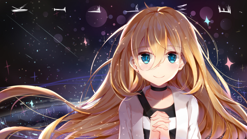 1girl bangs black_choker blue_eyes blush choker closed_mouth collarbone commentary english eyebrows_visible_through_hair hair_between_eyes hands_clasped hands_up highres jacket long_hair looking_at_viewer nahaki open_clothes open_jacket own_hands_together rachel_gardner satsuriku_no_tenshi shirt smile solo sparkle striped striped_shirt white_jacket