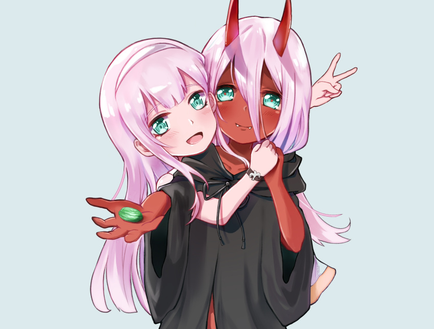 2girls bigroll blush bracelet candy commentary_request darling_in_the_franxx fangs food green_eyes hair_between_eyes hairband highres holding holding_food hood hood_down hooded_robe hug hug_from_behind jewelry long_hair looking_at_viewer multiple_girls oni_horns open_mouth pink_hair red_horns red_skin simple_background v white_hairband younger zero_two_(darling_in_the_franxx)