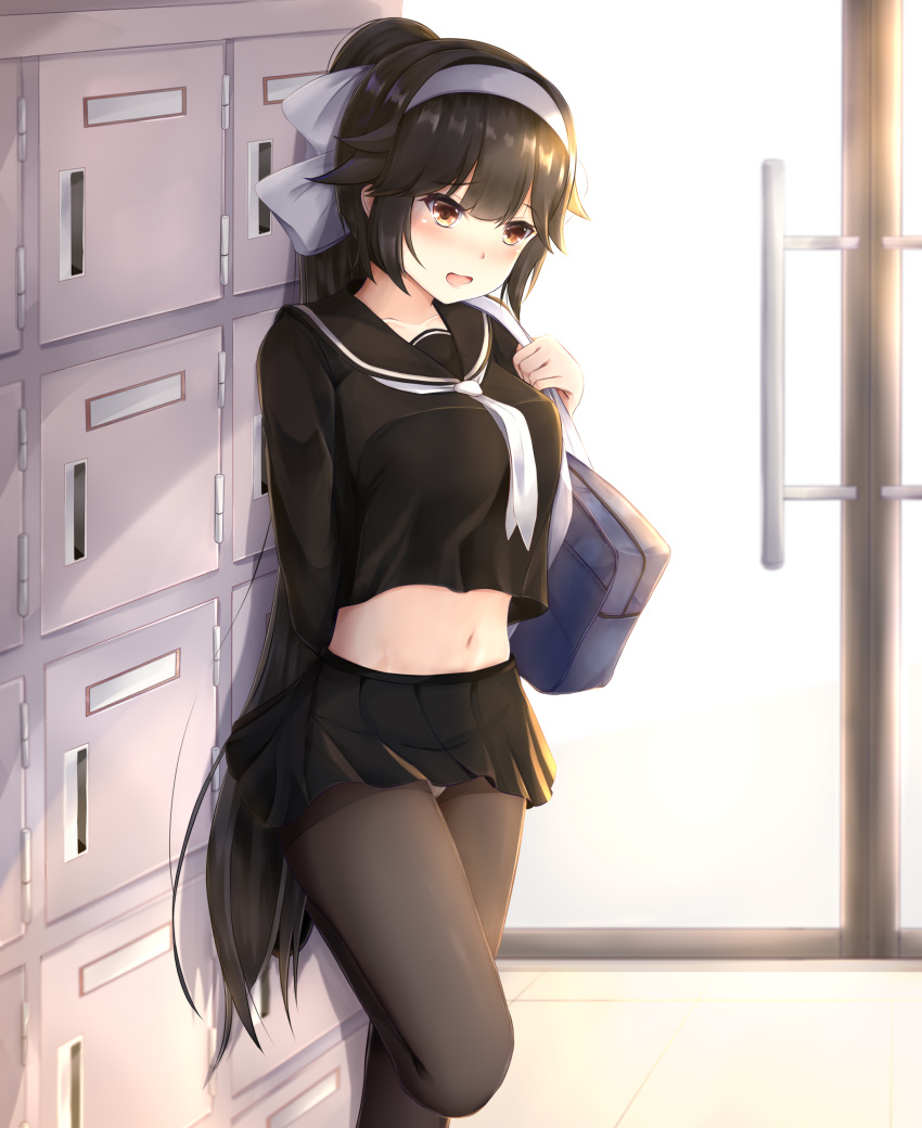 1girl :d absurdres arm_behind_back azur_lane bag bangs black_hair black_sailor_collar black_serafuku black_skirt blush bow breasts brown_hair brown_legwear collarbone commentary_request cowboy_shot crop_top crop_top_overhang door eyebrows_visible_through_hair groin hair_flaps hairband hand_up highres indoors leg_up legs_together locker long_hair long_sleeves looking_at_viewer mctom medium_breasts midriff miniskirt navel neckerchief open_mouth panties panties_under_pantyhose pantyhose pantyshot pantyshot_(standing) pleated_skirt ponytail sailor_collar school_bag school_uniform serafuku shoe_locker shoulder_bag sidelocks skirt smile solo standing standing_on_one_leg stomach takao_(azur_lane) underwear upskirt very_long_hair white_bow white_hairband white_neckwear white_panties yellow_eyes