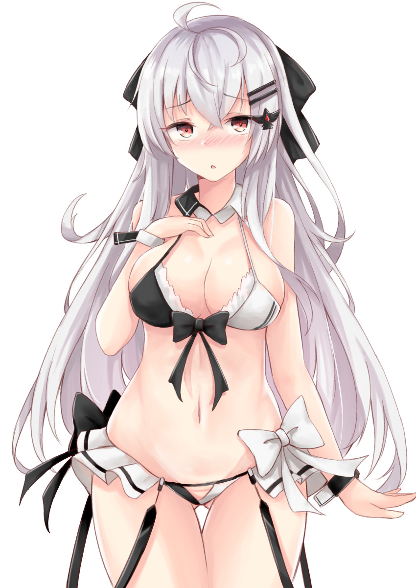 1girl absurdres ahoge alternate_costume bangs bikini bikini_skirt black_bow blush bow bow_bikini breasts collar cowboy_shot crossed_bangs embarrassed erect_nipples eyebrows_visible_through_hair girls_frontline groin hair_between_eyes hair_ornament hair_ribbon hairclip hakuya_(white_night) hand_on_own_chest highres iws-2000_(girls_frontline) large_breasts long_hair looking_at_viewer micro_bikini navel open_mouth red_eyes ribbon sidelocks silver_hair simple_background skindentation solo stomach swimsuit thighs white_background wristband