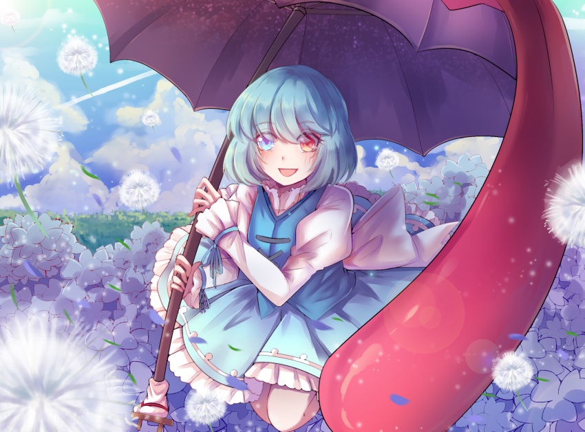 1girl :d blue_eyes blue_hair blue_skirt blue_sky blue_vest clouds dandelion day eyebrows_visible_through_hair eyes_visible_through_hair flower folded_leg frilled_skirt frills hair_between_eyes hair_over_eyes heterochromia highres holding holding_umbrella hydrangea juliet_sleeves jumping karakasa_obake light_particles long_sleeves long_tongue looking_at_viewer nga_(artist) open_mouth outdoors puffy_sleeves red_eyes shirt short_hair skirt skirt_set sky smile solo tatara_kogasa tongue touhou umbrella very_long_tongue vest white_shirt