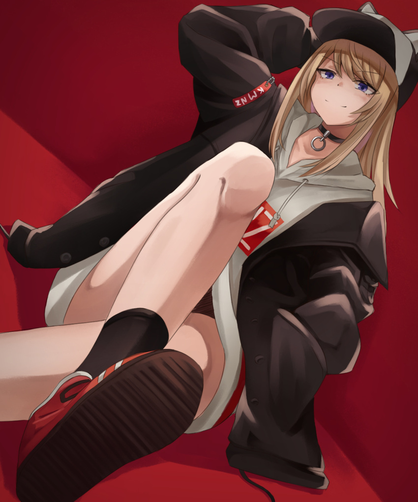 &gt;:) 1girl bare_legs baseball_cap black_jacket black_legwear blonde_hair blue_eyes hand_in_pocket hat hat_with_ears highres hood hood_down hoodie jacket kmnz_lita long_hair mc_lita red_footwear virtual_youtuber yako_mashiro