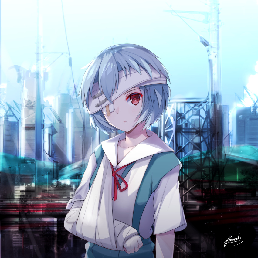 1girl absurdres arm_sling ayanami_rei bandage bandage_over_one_eye bandaged_arm bandages bangs bee_doushi blue_hair blue_skirt blue_sky building cast collarbone collared_shirt commentary crane day head_tilt highres looking_at_viewer neck_ribbon neon_genesis_evangelion outdoors parted_lips red_eyes red_ribbon ribbon shirt short_sleeves signature skirt sky skyscraper solo telephone_pole white_shirt