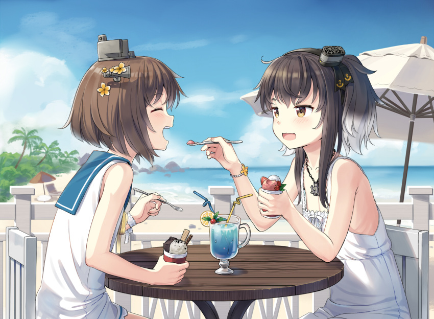 2girls alternate_costume anchor_symbol bendy_straw black_hair brown_eyes brown_hair chair cnm cup day dress drinking_glass drinking_straw flower food gradient_hair grey_hair hair_flower hair_ornament hairband hat headgear holding holding_food holding_spoon ice_cream kantai_collection mini_hat multicolored_hair multiple_girls open_mouth outdoors sailor_dress short_hair short_hair_with_long_locks sidelocks sitting sleeveless sleeveless_dress speaking_tube_headset spoon table tokitsukaze_(kantai_collection) white_dress yellow_flower yukikaze_(kantai_collection)