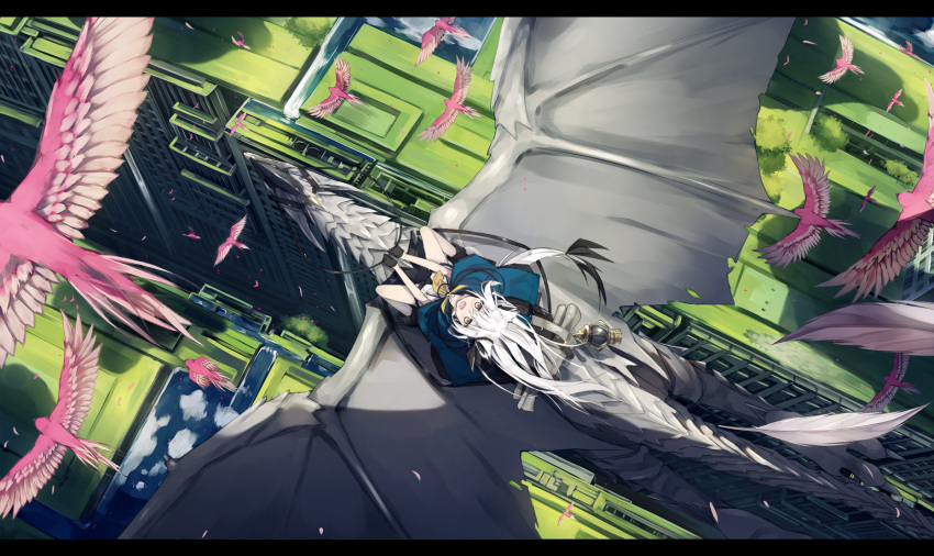 1girl animal_ears bird blue_coat boots building commentary_request dragon fox_ears fox_girl fox_tail highres long_hair looking_up nagishiro_mito original outdoors sky smile tail very_long_hair water white_hair wind yellow_eyes
