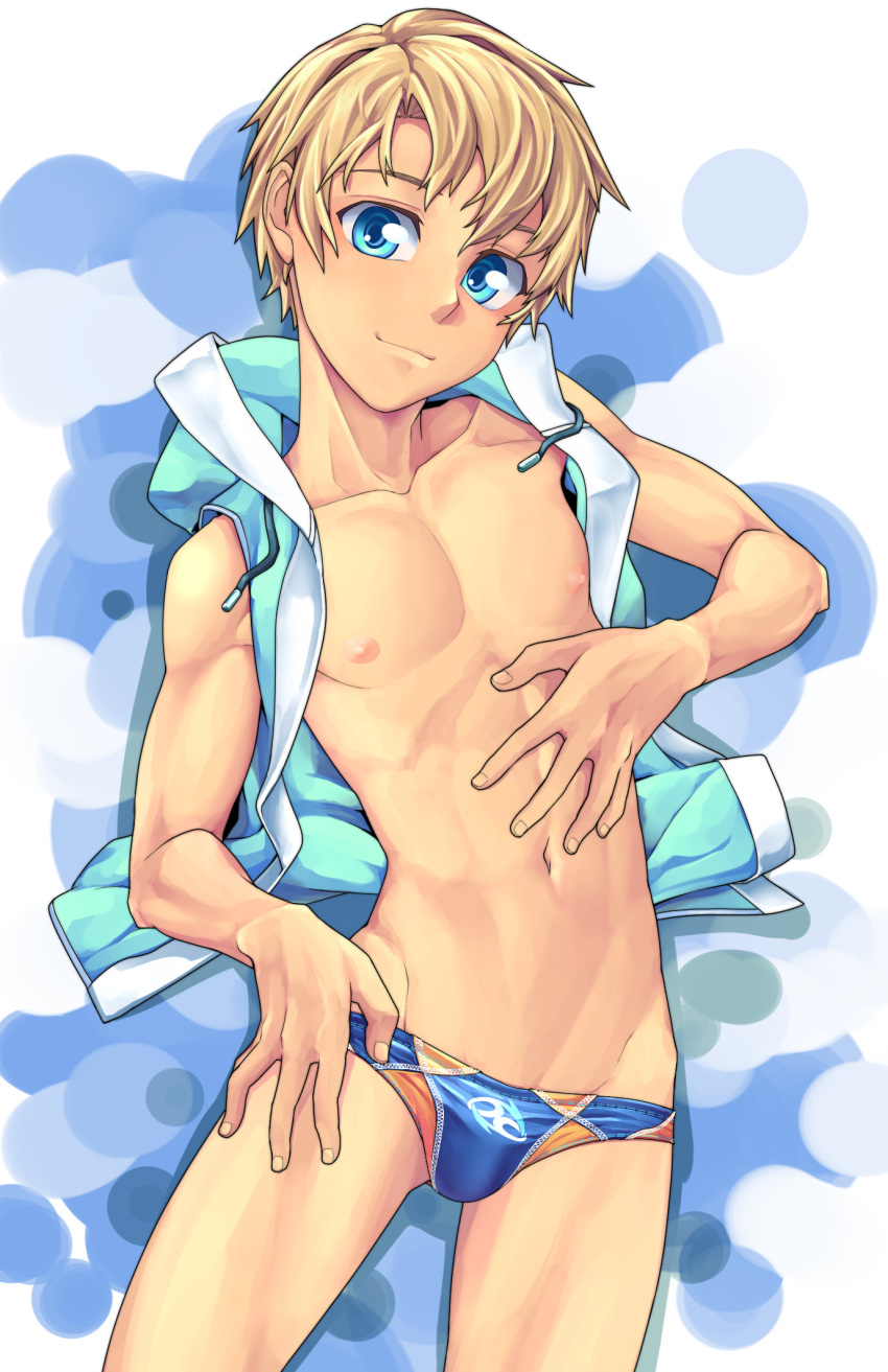 1boy blonde_hair blue_background blue_eyes blue_vest cowboy_shot drawstring fuwatoro_(i7mnoehere) highres hood hooded_vest hoodie looking_at_viewer male_focus male_swimwear navel open_clothes open_vest original solo swim_briefs swimwear toned two-tone_background vest