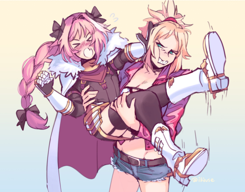 &gt;_&lt; &gt;o&lt; 1boy 1girl astolfo_(fate) bandeau belt black_bow black_ribbon blonde_hair bow braid cape carrying closed_eyes denim denim_shorts fang fate/apocrypha fate_(series) french_braid fur_trim garter_straps gradient gradient_background hair_intakes hair_ornament hair_ribbon hair_scrunchie hand_on_another's_cheek hand_on_another's_face ikiruse jacket kicking long_braid looking_at_another mordred_(fate) mordred_(fate)_(all) multicolored_hair pink_hair ponytail princess_carry pushing pushing_away red_jacket red_scrunchie ribbon scrunchie shorts signature single_braid streaked_hair thigh-highs trap