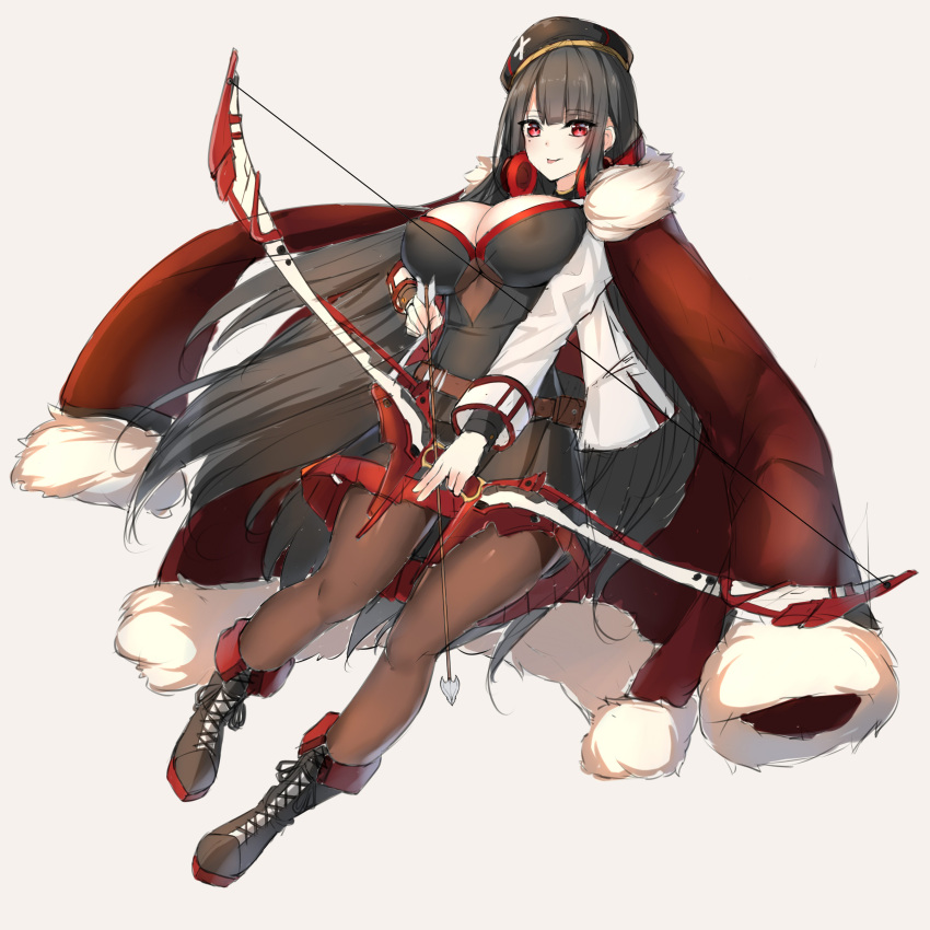 1girl :p absurdres arrow bangs beret black_dress black_footwear black_hair black_hat boots bow_(weapon) breasts brown_background brown_legwear chixiao cleavage closed_mouth coat commentary_request cross-laced_footwear dress eyebrows_visible_through_hair full_body fur-trimmed_coat fur-trimmed_sleeves fur_trim hat headphones headphones_around_neck highres holding holding_arrow holding_bow_(weapon) holding_weapon jacket_on_shoulders lace-up_boots large_breasts long_hair long_sleeves looking_at_viewer original pantyhose red_coat red_eyes simple_background smile solo tongue tongue_out very_long_hair weapon