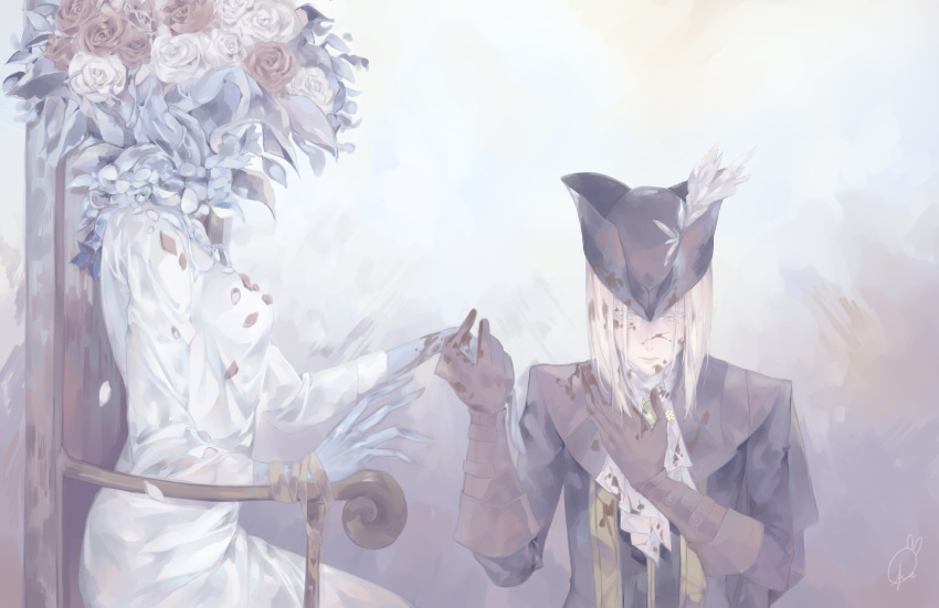 2girls ascot blonde_hair blood bloodborne bound bouquet breasts character_request flower fortisselle gloves hat headless highres lady_maria_of_the_astral_clocktower long_hair looking_down multiple_girls petals tied_to_chair tricorne