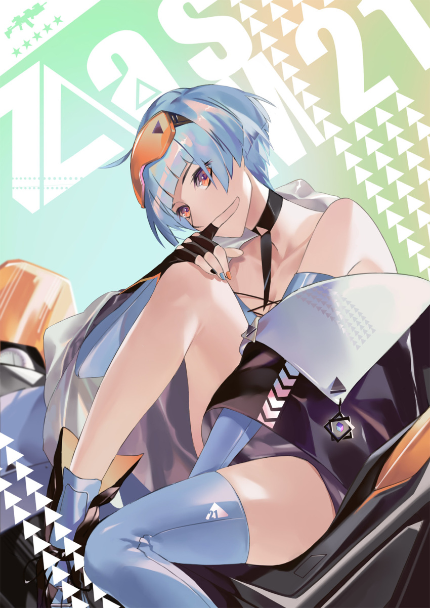 1girl ahoge asymmetrical_legwear bangs black_footwear black_gloves black_legwear blue_gloves blue_hair blue_legwear boots character_name choker covered_mouth earrings elbow_gloves eyewear_on_head finger_to_mouth fingerless_gloves girls_frontline gloves goggles goggles_on_head ground_vehicle hand_on_own_knee head_tilt highres jewelry jiji_(pixiv10646874) knee_up looking_at_viewer motor_vehicle motorcycle multicolored multicolored_nails nail_polish necktie off_shoulder orange_eyes orange_goggles scenery short_hair single_thighhigh sitting_on_motorcycle skindentation solo thigh-highs thighs zas_m21_(girls_frontline)