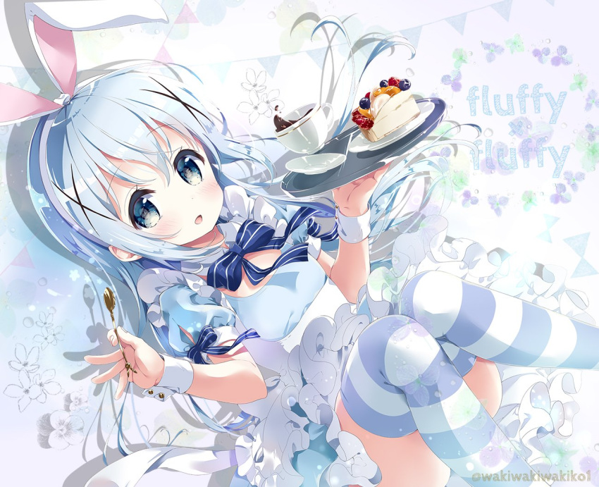 1girl :d animal_ears apron bangs blue_bow blue_dress blue_eyes blue_hair blush bow cake coffee commentary_request cup dress eyebrows_visible_through_hair food frilled_apron frilled_dress frills gochuumon_wa_usagi_desu_ka? hair_between_eyes hair_ornament holding holding_spoon holding_tray kafuu_chino long_hair looking_at_viewer neki_(wakiko) open_mouth pennant plate puffy_short_sleeves puffy_sleeves rabbit_ears saucer short_sleeves slice_of_cake smile solo spoon string_of_flags striped striped_bow striped_legwear teacup thigh-highs tray twitter_username very_long_hair white_apron wrist_cuffs x_hair_ornament