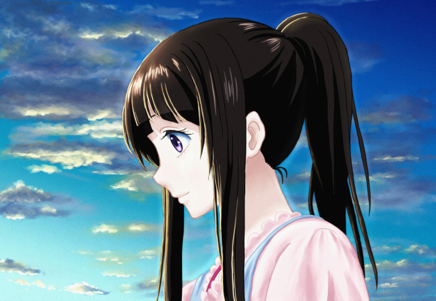 1girl bangs black_hair blue_sky blunt_bangs chitanda_eru clouds day hyouka long_hair looking_to_the_side outdoors ponytail profile sky t-3_design upper_body violet_eyes