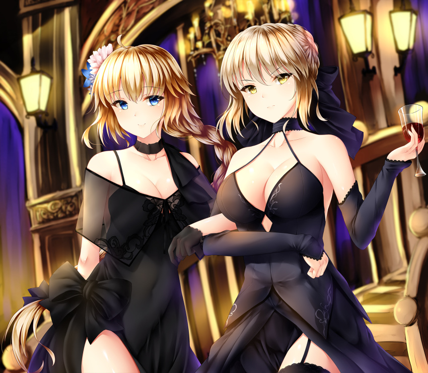 2girls ahoge alcohol arm_behind_back armpit_peek artoria_pendragon_(all) bangs bare_shoulders black_bow black_choker black_gloves black_legwear black_ribbon blonde_hair blue_eyes blue_flower blurry blurry_background bow braid breasts chandelier choker cleavage closed_mouth collarbone commentary covered_navel cowboy_shot cup detached_sleeves dress drinking_glass eyebrows_visible_through_hair fate/apocrypha fate/grand_order fate_(series) floating_hair flower french_braid garter_straps gloves hair_between_eyes hair_flower hair_ornament hair_ribbon halterneck highres holding holding_drinking_glass indoors jeanne_d'arc_(fate) jeanne_d'arc_(fate)_(all) lamp large_breasts locked_arms looking_at_viewer multiple_girls pink_flower ribbon saber_alter see-through short_hair sidelocks single_braid sleeveless sleeveless_dress smile standing symbol_commentary thigh-highs tsurime v-shaped_eyebrows wine wine_glass wsman yellow_eyes