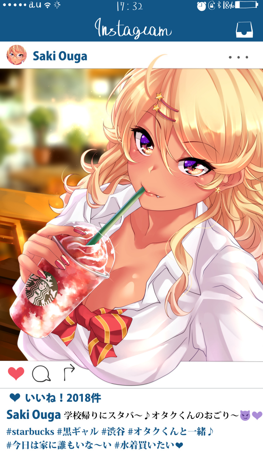 1girl amaryllis blonde_hair blurry blurry_background blush bow bowtie breasts cleavage closed_mouth collarbone dark_skin drinking_straw earrings eyebrows_visible_through_hair fang fingernails gyaru hair_between_eyes hair_ornament hairclip highres instagram jewelry large_breasts lips long_fingernails long_hair long_sleeves looking_at_viewer nail_polish orange_eyes ouga_saki outdoors phone_screen pink_nails red_bow self_shot shirt star star_earrings starbucks striped striped_bow tdnd-96 upper_body virtual_youtuber wavy_hair white_shirt