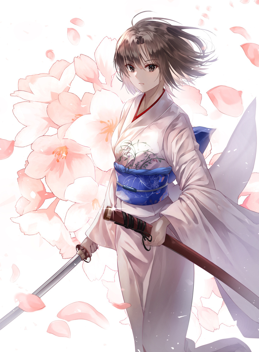 1girl bangs black_ribbon brown_eyes brown_hair cherry_blossoms closed_mouth expressionless eyebrows_visible_through_hair floating_hair floral_background floral_print glint hair_between_eyes highres holding holding_sheath holding_sword holding_weapon japanese_clothes kara_no_kyoukai katana kimono limit_x long_sleeves looking_at_viewer obi petals print_kimono print_obi ribbon ryougi_shiki sash scabbard sheath shiny shiny_hair short_hair solo standing sword unsheathed weapon white_background wide_sleeves wind