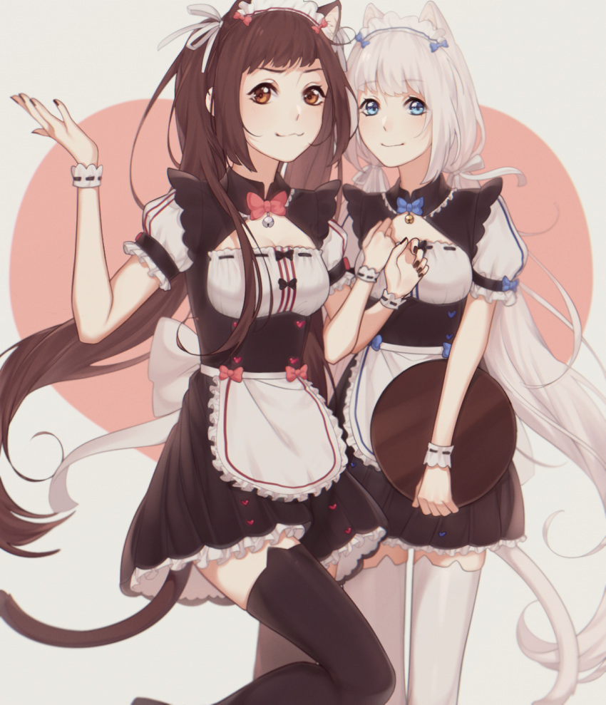 2girls :3 animal_band_legwear animal_ears apron bell black_legwear blue_bow blue_eyes bow bowtie brown_eyes brown_hair cat_band_legwear cat_ears cat_tail chocola_(sayori) commentary ennate eyebrows_visible_through_hair hair_ribbon hand_up highres jingle_bell locked_arms long_hair looking_at_viewer low_twintails maid maid_headdress multiple_girls nekopara puffy_short_sleeves puffy_sleeves red_bow ribbon short_sleeves simple_background smile tail thigh-highs tray twintails vanilla_(sayori) very_long_hair waist_apron white_hair white_legwear white_ribbon wrist_cuffs