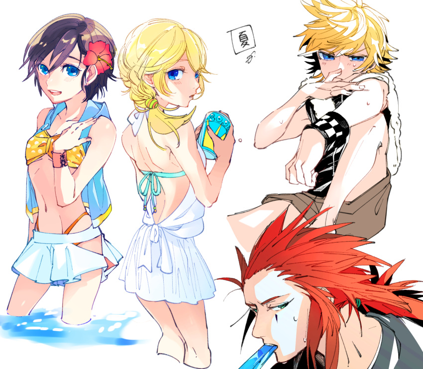 2boys 2girls :d alternate_costume axel_(kingdom_hearts) backless_dress backless_outfit bangs bare_shoulders bikini bikini_under_clothes black_hair blonde_hair blue_eyes breasts brown_shorts can cleavage cowboy_shot cropped_legs dress facial_mark flower hair_between_eyes hair_flower hair_ornament hibiscus highleg highleg_bikini highres holding holding_can kingdom_hearts kingdom_hearts_358/2_days kingdom_hearts_ii legs_apart long_hair miniskirt motu0505 multiple_boys multiple_girls namine navel open_mouth polka_dot polka_dot_bikini red_flower redhead roxas short_hair shorts simple_background sitting skirt small_breasts smile soda_can spiky_hair swimsuit teeth wading water white_background white_dress white_skirt wristband xion_(kingdom_hearts)