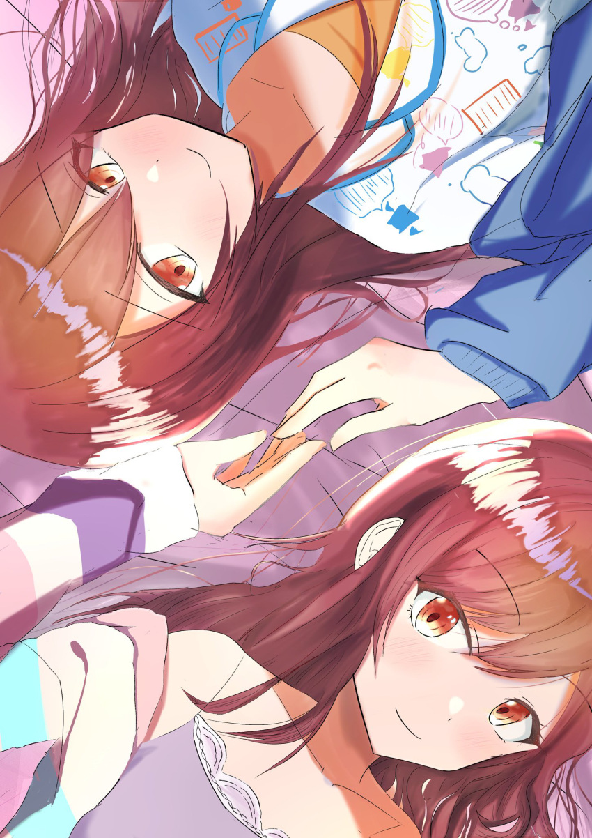 2girls bangs beret blush bow brown_eyes brown_hair capelet christmas closed_mouth commentary_request dress eyebrows_visible_through_hair gloves hair_between_eyes hat houndstooth idolmaster idolmaster_shiny_colors long_hair multiple_girls oosaki_amana oosaki_tenka open_mouth plaid plaid_bow pocky print_headwear red_capelet red_dress shihamiba siblings sisters sitting smile snowflakes thigh-highs tilted_headwear very_long_hair
