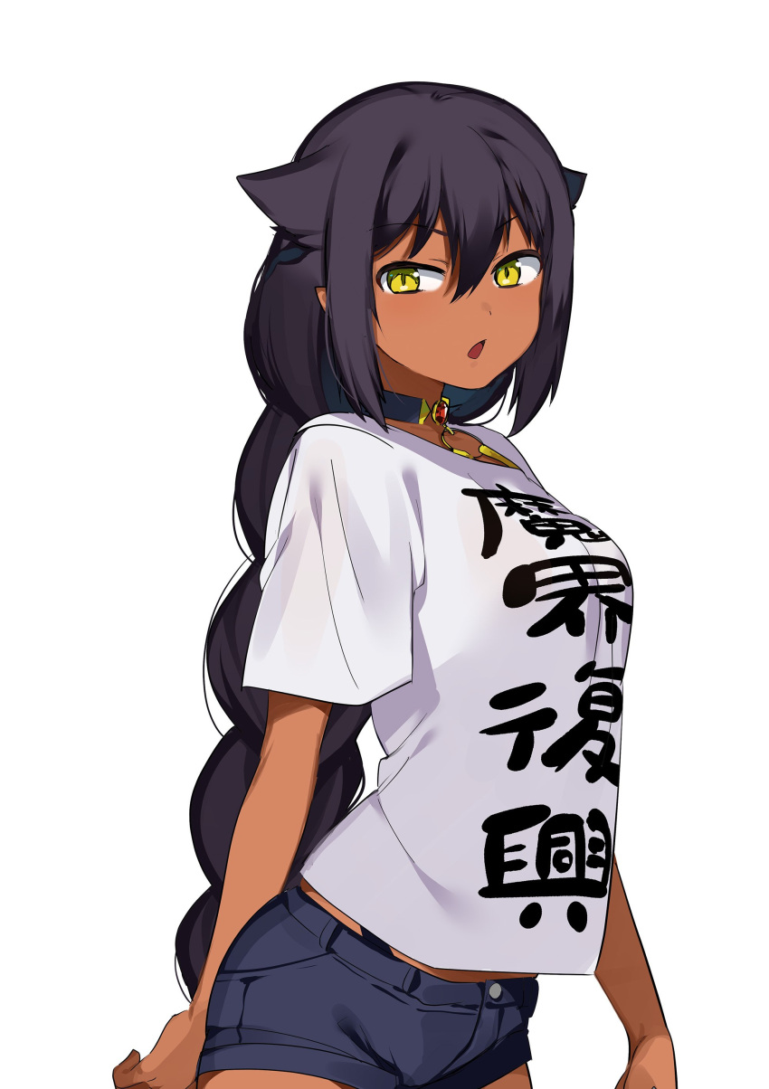 1girl absurdres black_hair braid breasts choker cowboy_shot dark_skin from_side hair_between_eyes hair_flaps highleg highleg_panties highres jahy jahy_sama_wa_kujikenai konbu_wakame long_hair medium_breasts o-ring o-ring_top panties pointy_ears shirt short_shorts shorts simple_background single_braid solo t-shirt underwear very_long_hair white_background yellow_eyes